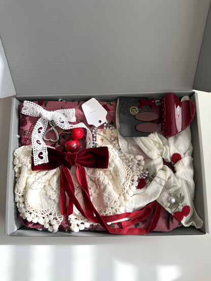 Cherry Aesthetic Gift Box – Vintage Cottagecore Set for Women & Teen Girls – Custom Self Care Box for Her – Red Bow Accessories, Makeup Bag