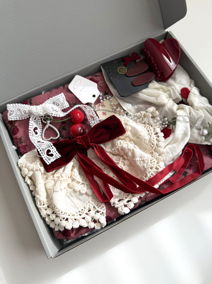 Cherry Aesthetic Gift Box – Vintage Cottagecore Set for Women & Teen Girls – Custom Self Care Box for Her – Red Bow Accessories, Makeup Bag
