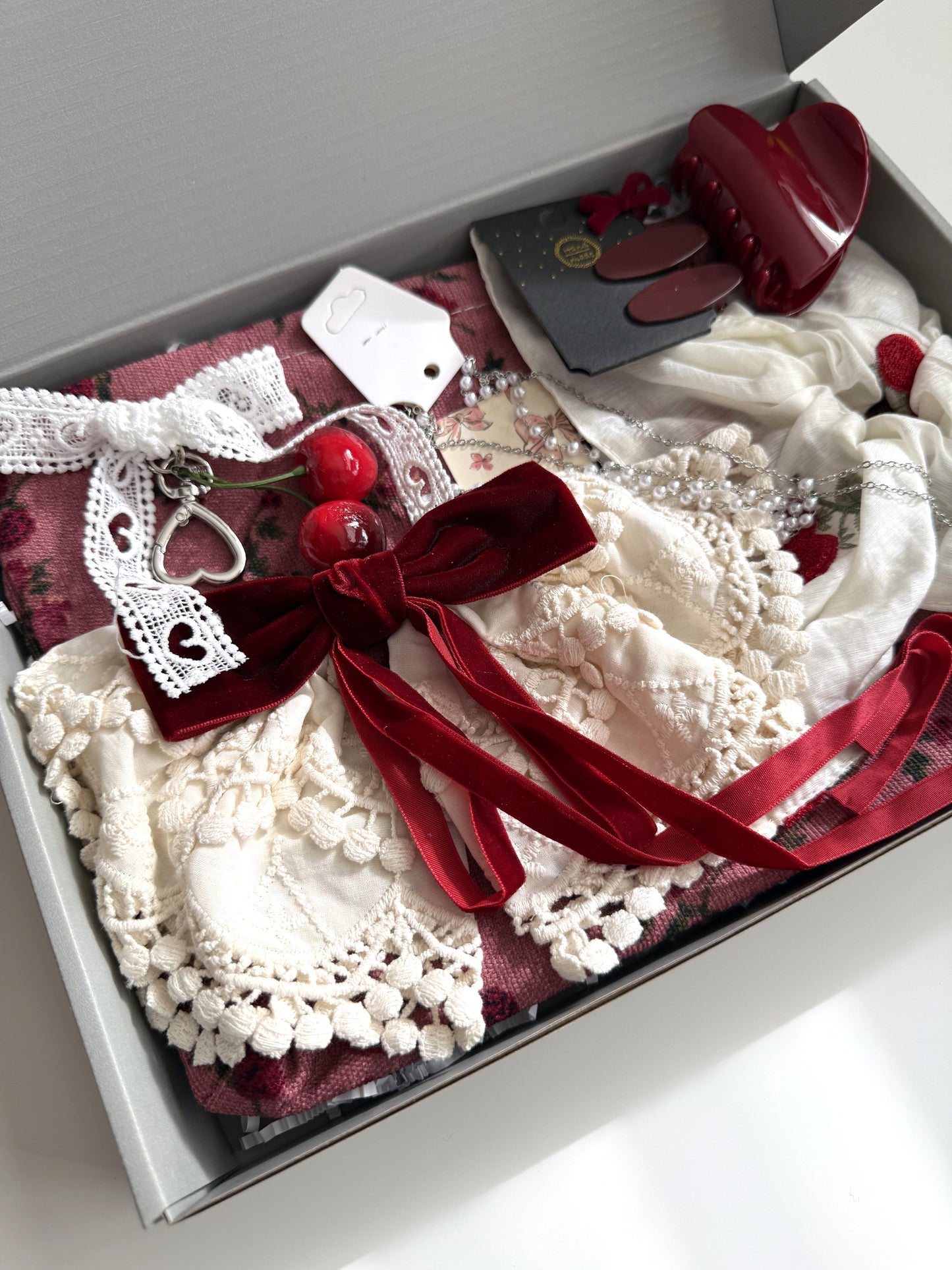 Cherry Aesthetic Gift Box – Vintage Cottagecore Set for Women & Teen Girls – Custom Self Care Box for Her – Red Bow Accessories, Makeup Bag