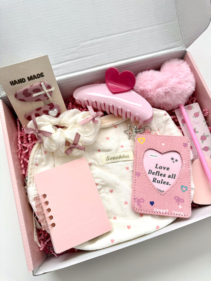 Pink Heart Aesthetic Gift Box for Women & Teen Girls - Cute Kawaii Self Care Set - Valentine’s Day Gift for Her - Birthday, Friendship