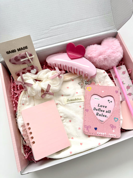 Pink Heart Aesthetic Gift Box for Women & Teen Girls - Cute Kawaii Self Care Set - Valentine’s Day Gift for Her - Birthday, Friendship