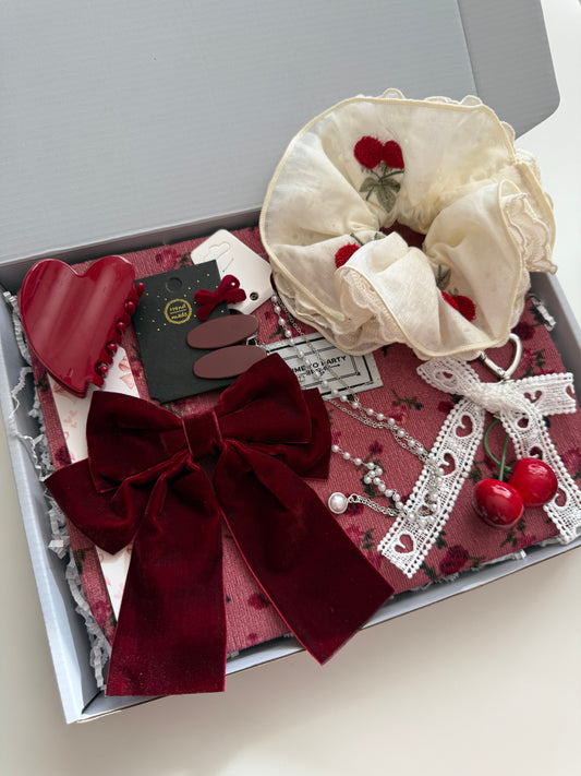Cherry Aesthetic Gift Box #2– Vintage Cottagecore Set for Women & Teen Girls – Custom Self Care Box for Her – Red Bow Accessories,Makeup Bag