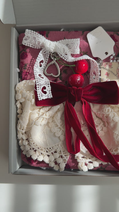 Cherry Aesthetic Gift Box – Vintage Cottagecore Set for Women & Teen Girls – Custom Self Care Box for Her – Red Bow Accessories, Makeup Bag